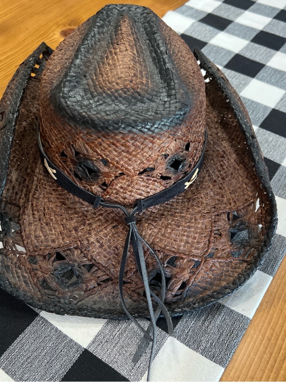 Distressed Brown Straw Cowgirl Hat Western Boho Burned Detail - Picture 2 of 4